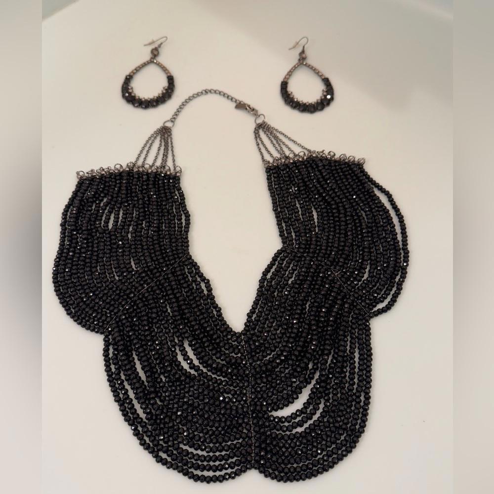 Women’s Tasha Black-Beaded Necklace With Pair Of Large Teardrop Earrings Os